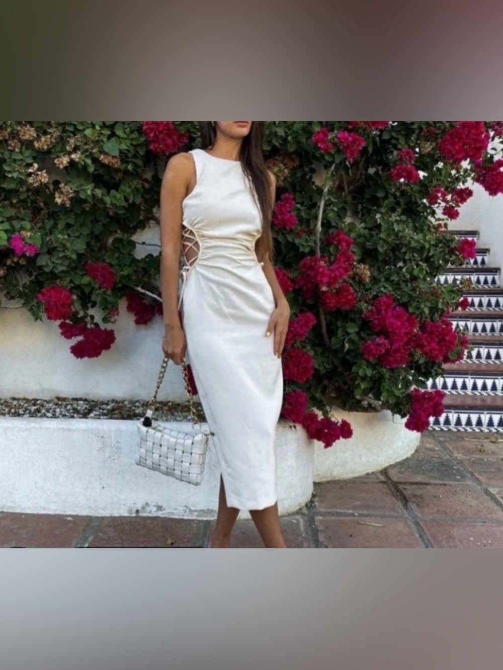Zara Cream Midi Dress with Side Lace-Up size XL